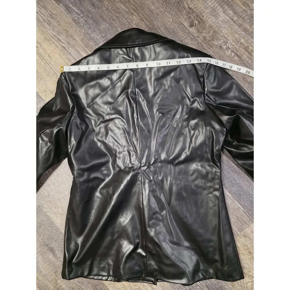 OMMIIVEX Faux Leather Blazer Black Ruched Sleeve Single Button Size M NWT - Picture 8 of 12